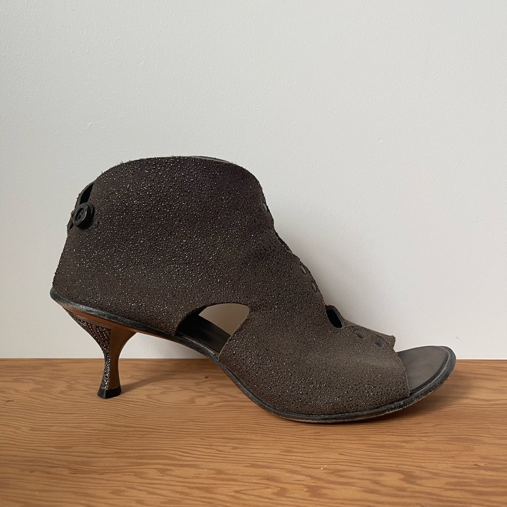 CYDWOQ Heel Sandal Shoe- 41, gray pebbled glitter artisan Kitten peeptoe